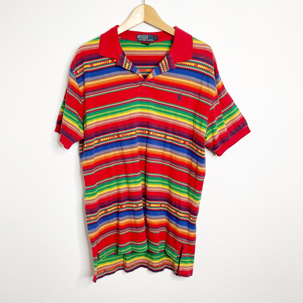 Polo Ralph Lauren Mens Large Southwestern Stripe Polo Shirt Red Multi Color
